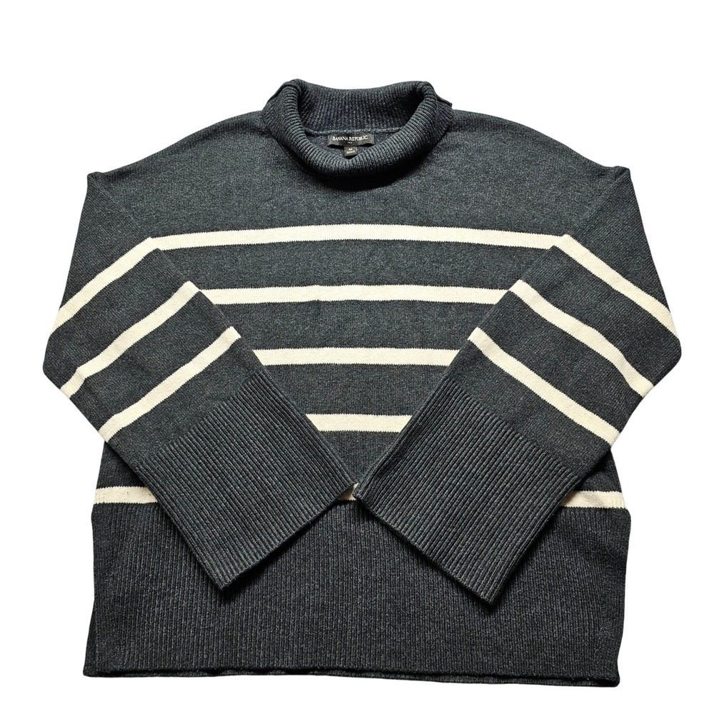 Banana Republic Striped Turtleneck Sweater Womens Size M‎ Charcoal Grey Preppy